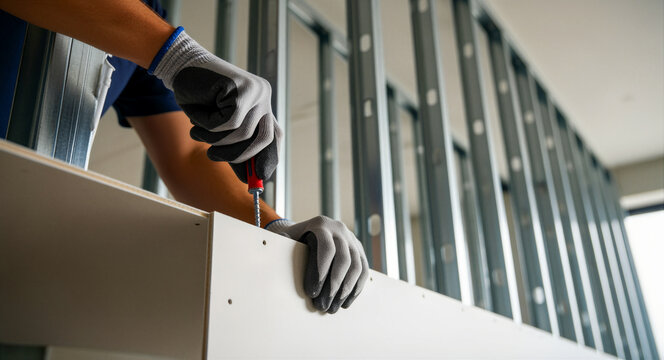 Construction worker hands installing drywall on metal studs. Professional builder using a screwdriver to fix paneling during interior renovation. Building service concept for industry marketing.