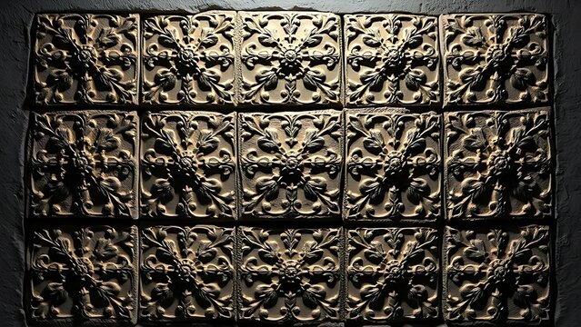 Assyrian bas-relief with symmetrical rosettes and geometric patterns on dark plaster.