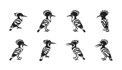 Fototapeta premium Eight black and white hoopoe birds in profile against a white background simple graphic illustration