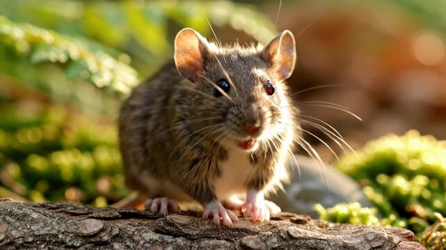 A closeup portrait of a small field mouse perched on a textured tree bark in a sunlit forest setting
