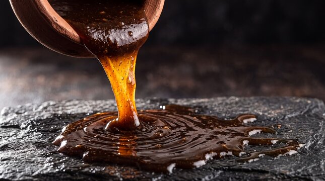 Thick tamarind chutney drizzling from clay pot onto dark stone surface macro action shot