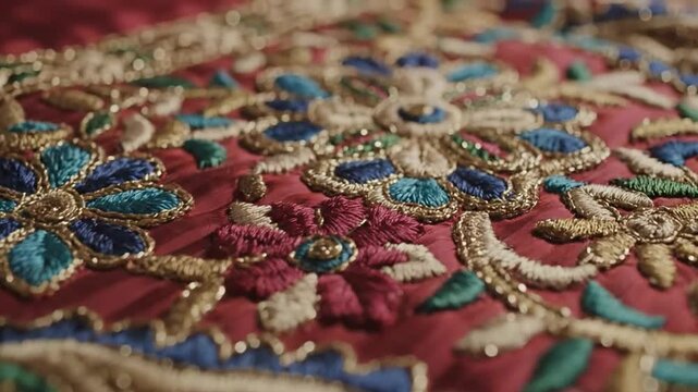 A close-up shot of intricate floral embroidery on a red fabric with blue and gold threads.