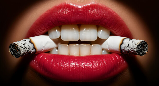Close-up of woman's red lips biting two lit cigarettes. Extreme macro shot showing white teeth and burning ash. Smoking addiction and health risk concept for anti-tobacco and dental campaigns.