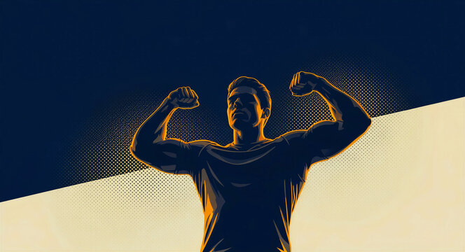 Muscular man flexing biceps in a heroic pose. Stylized halftone illustration showing a powerful male silhouette. Strength and fitness motivation concept, ideal for sports branding and gym marketing.
