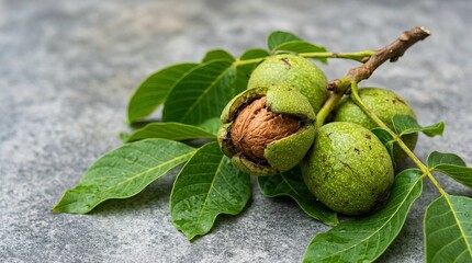 Fototapeta premium Freshly harvested green walnuts with leaves on stone surface.