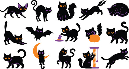 Naklejka premium Spooky halloween black cats collection vector illustrations for seasonal designs and october celebrations