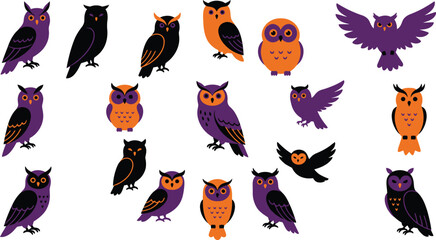 Obraz premium Spooky halloween owls collection vector illustration for autumn festivals parties and creepy seasonal designs