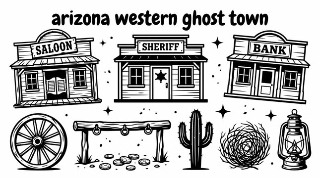 historic western ghost town in arizona with abandoned wooden buildings old bank sheriff office saloon dusty streets horse hitching posts and authentic frontier atmosphere vector illustration