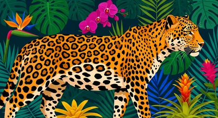 Jaguar walking through a lush tropical jungle. Stylized digital illustration featuring exotic flora like orchids and monstera leaves. Wildlife concept for decorative prints and nature designs. © MAARTEN JAVAN DAMME 