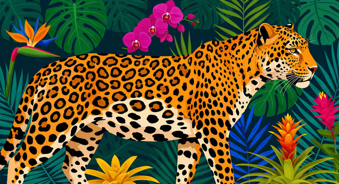 Jaguar walking through a lush tropical jungle. Stylized digital illustration featuring exotic flora like orchids and monstera leaves. Wildlife concept for decorative prints and nature designs.