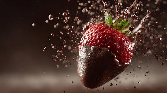 Strawberry dipped in chocolate, droplets flying, high-speed photography, cinematic mood
