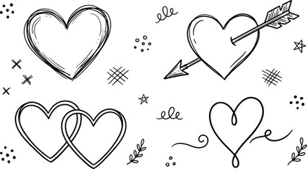 Hand drawn heart and Cupid arrow doodle icon set for romantic Valentines Day greeting card design decorations, © Sabbir Studio