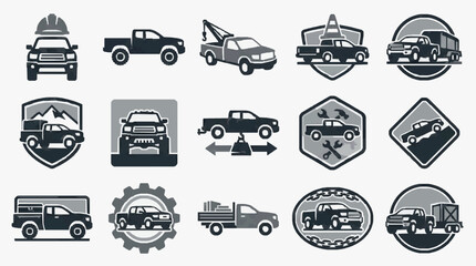Professional Black and White Vehicle Icons Set Featuring Tow Trucks Emergency Vehicles Off Roading and Auto Repair Symbols © Ela