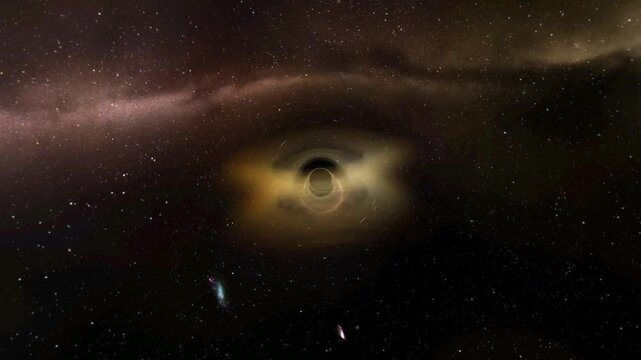 Animation of a supermassive black hole moving through deep space with gravitational lensing effect.