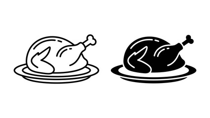 Fototapeta premium Roasted Chicken Icon: A culinary illustration of a whole roasted chicken served on a platter, presented in both line art and solid silhouette.