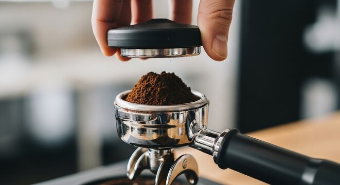 Barista hand tamping finely ground coffee beans in a portafilter for espresso preparation