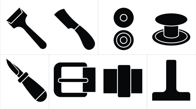 Collection of black silhouette leathercraft tools and accessories icons flat vector illustration for DIY projects and artisan workshops isolated on white background