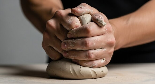 Close-up view of skilled hands vigorously kneading and shaping a lump of moist clay for pottery or sculpture creation