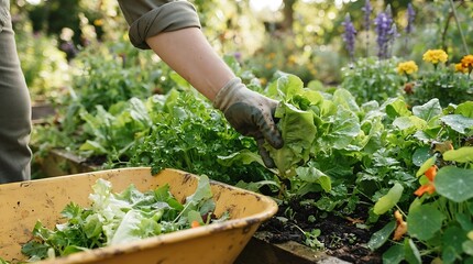 Fototapeta premium Gardener wearing dirty gloves harvesting fresh green lettuce from a vegetable garden into a yellow wheelbarrow during a sunny afternoon in spring