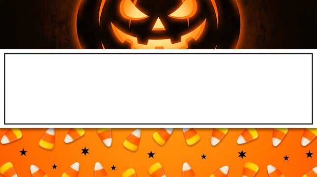 Halloween sale banner with glowing jack o lantern and candy corn pattern background for seasonal marketing promotions and holiday event announcements featuring blank white copy space for custom text
