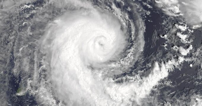 Aerial perspective on  cyclone above ocean. Weather change, bad weather concept. Camera is moving forward and right. Animation based on image by NASA