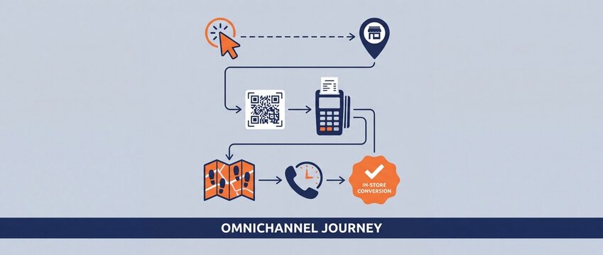 Flat Vector Illustration Depicting a Seamless Omnichannel Customer Journey from Offline Retail to Online Digital Touchpoints