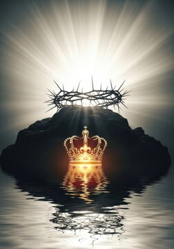 Crown of Thorns and Golden Royal Crown with Divine Light Rays Reflecting in Water - Christian Religious Concept