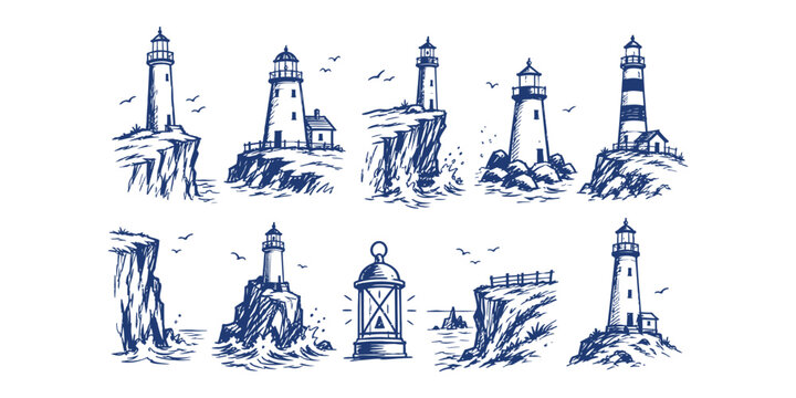 lighthouse collection and maritime coastal landscape sea beacon doodle icon set vector illustration