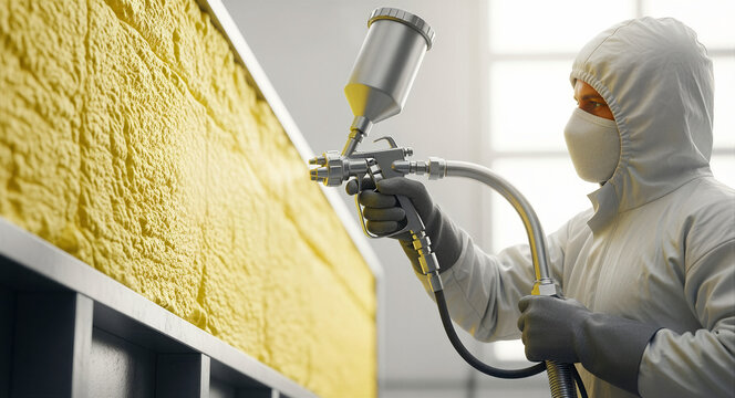Worker in protective suit applying spray foam insulation to a building wall. Professional contractor installing polyurethane foam for energy efficiency. Thermal insulation and renovation concept.