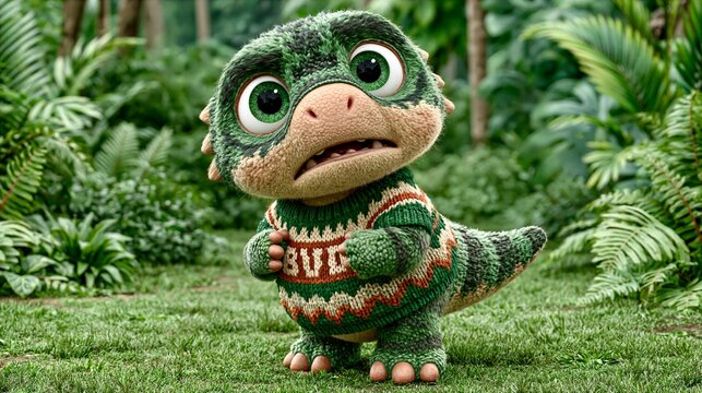 Cute Knitted Green Dinosaur in Sweater in the Jungle