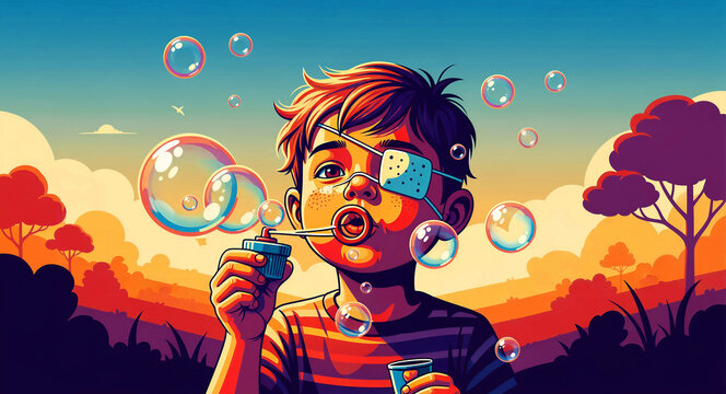 Boy with eyepatch blowing bubbles. Colorful vector art of child playing at sunset. Eye care and resilience concept for healthcare marketing.