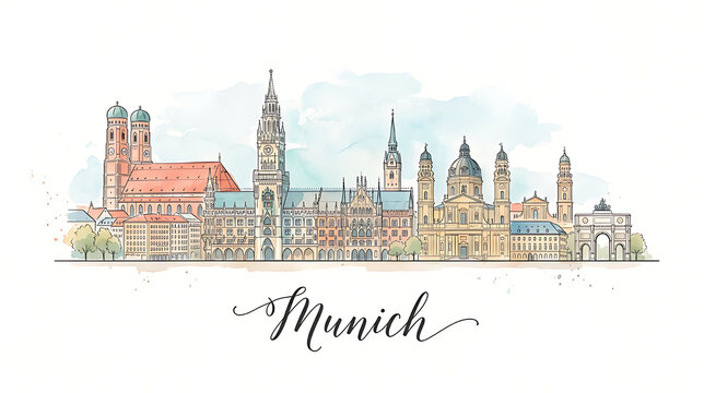 Elegant watercolor illustration of Munich skyline featuring historic landmarks and architectural diversity in a minimalistic style