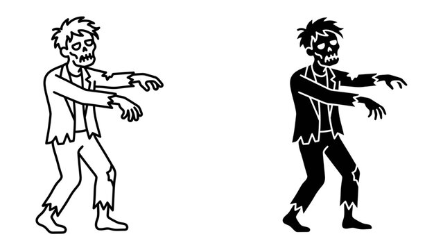 Zombie Silhouette and Outline: A spooky zombie depicted in both a stark black silhouette and a detailed outline, arms outstretched in a classic undead pose, embodying the horror genre.