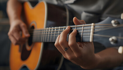 Fototapeta premium Close-up of hands playing an acoustic guitar