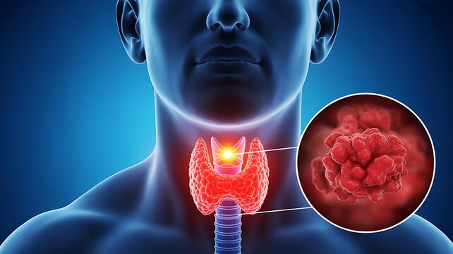 Human thyroid gland anatomy with highlighted thyroid nodule and endocrine health concept