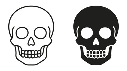 Two Skulls: A simple and striking illustration of two human skulls, one outlined in white and the other filled in black, symbolizing mortality and the ephemeral nature of life. © Fara