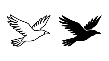 Fototapeta premium Bird in Flight Silhouette: A stylized illustration shows a bird in mid-flight, presented in both a clean line drawing and a solid black silhouette, symbolizing freedom and movement.