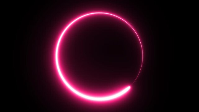 Glowing pink neon circle ring animation on black background smooth rotating light loop futuristic abstract halo shape 4k video motion design