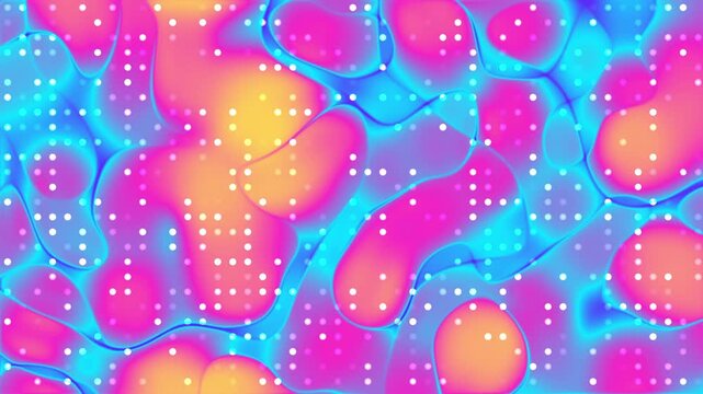 Pink and orange blurred rainbow swirl background on a blue grid pattern with white light dots, suitable for abstract backgrounds or contemporary designs.