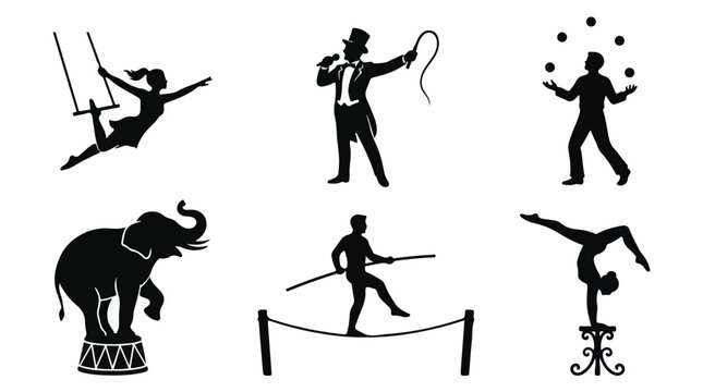 Silhouette circus performers and elephant in various acts
