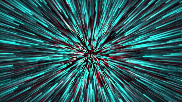 Abstract cyan and red glitch hyperspace warp background with dynamic digital light streaks and motion blur effects.