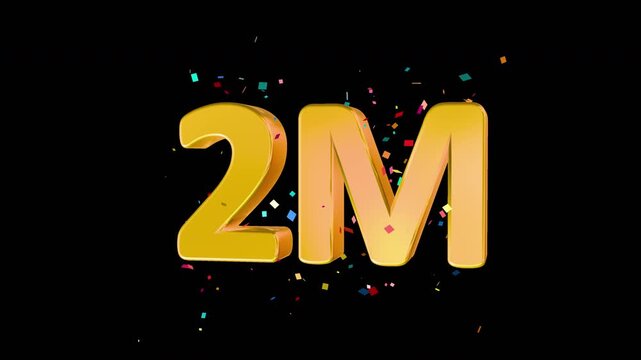 Golden 2M text Celebration 3D with Confetti glitter animation on transparent alpha background. 