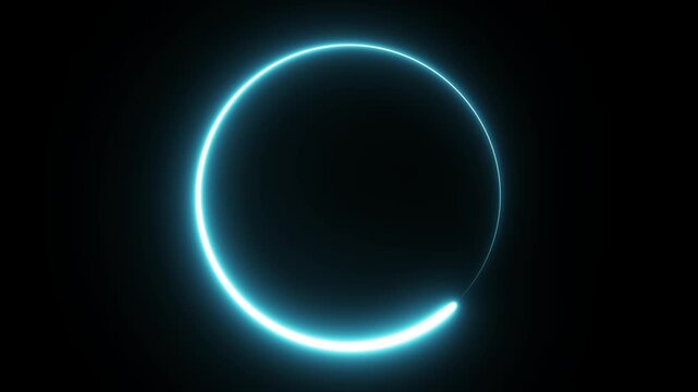 Glowing cyan neon circle loading ring animation on black background futuristic tech loop light effect smooth progress indicator 4k video motion design
