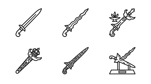 Indonesian Keris Dagger Line Art Icon Collection
