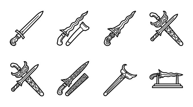 Traditional Keris Dagger Line Art Icon Set