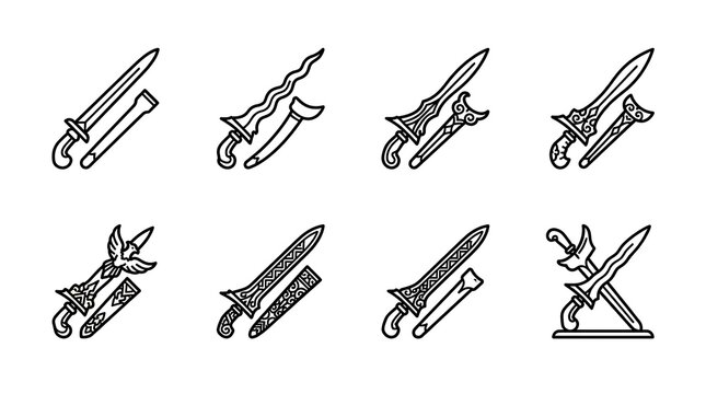 Indonesian Keris Dagger Line Art Icon Set