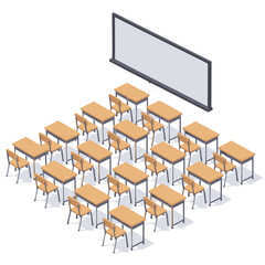 Obraz premium Modern isometric empty classroom setup with desks, chairs, and whiteboard