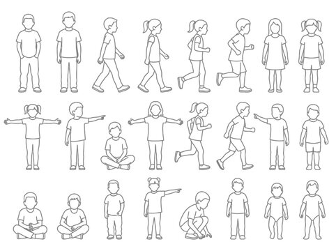 Collection of CAD Schematic Human Figure Outlines of Kids in Different Positions