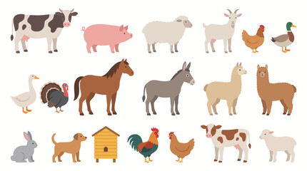 Obraz premium Farm animals including cows, pigs, sheep, goats, and poultry are arranged in a collection for educational display.