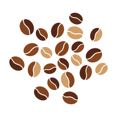 Obraz premium Scattered coffee beans forming an organic pattern in deep brown, coffee brown, and tan tones, isolated on white. Minimalist design background